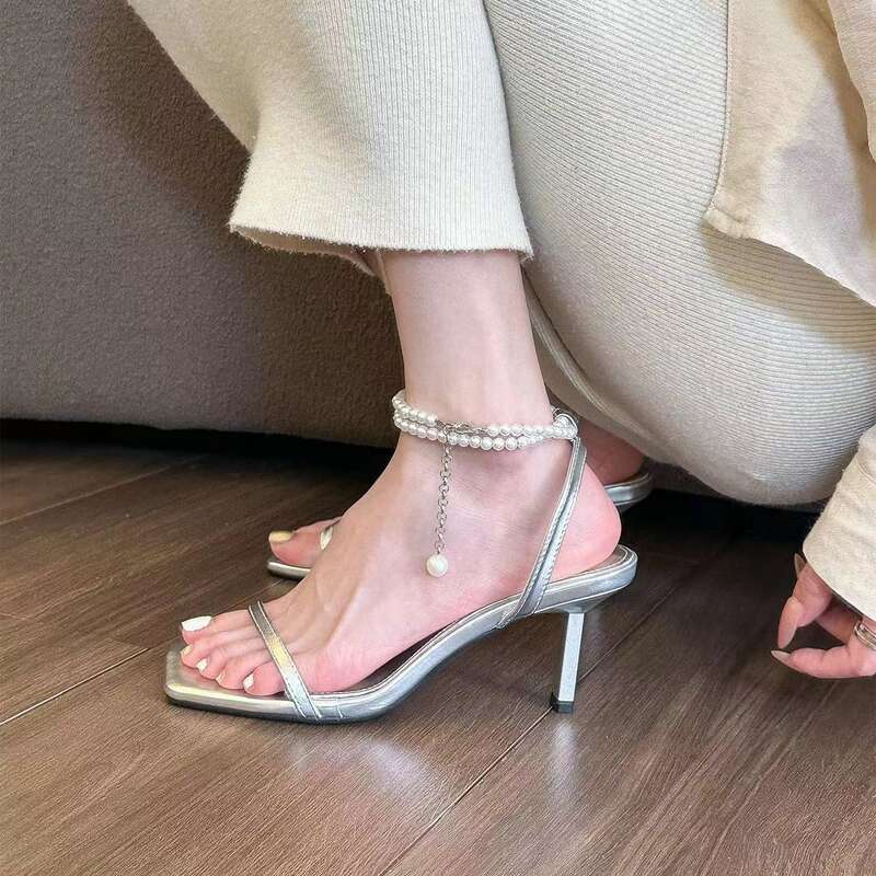 Beaded Square-Toe Strap Heels